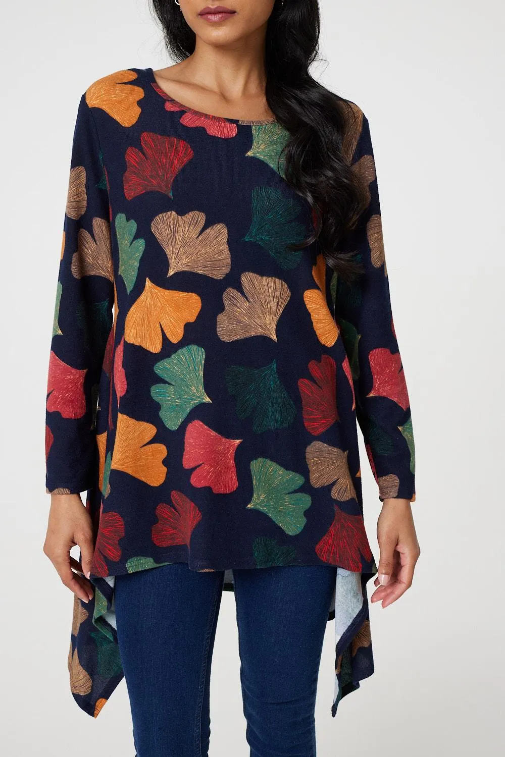 Leaf Print High Low Tunic Top