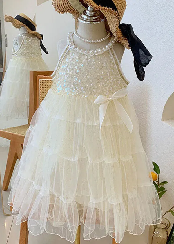 Lovely Beige Sequins Nail Bead Wrinkled Patchwork Tulle Girls Girls Princess Dress Summer