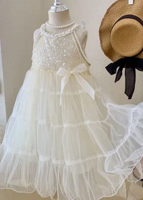 Lovely Beige Sequins Nail Bead Wrinkled Patchwork Tulle Girls Girls Princess Dress Summer