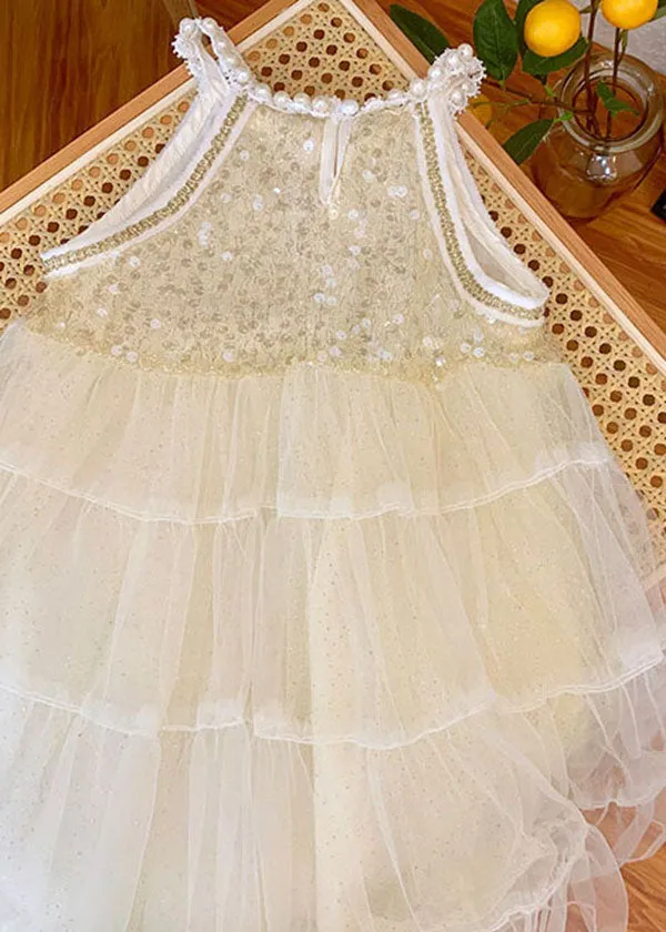 Lovely Beige Sequins Nail Bead Wrinkled Patchwork Tulle Girls Girls Princess Dress Summer