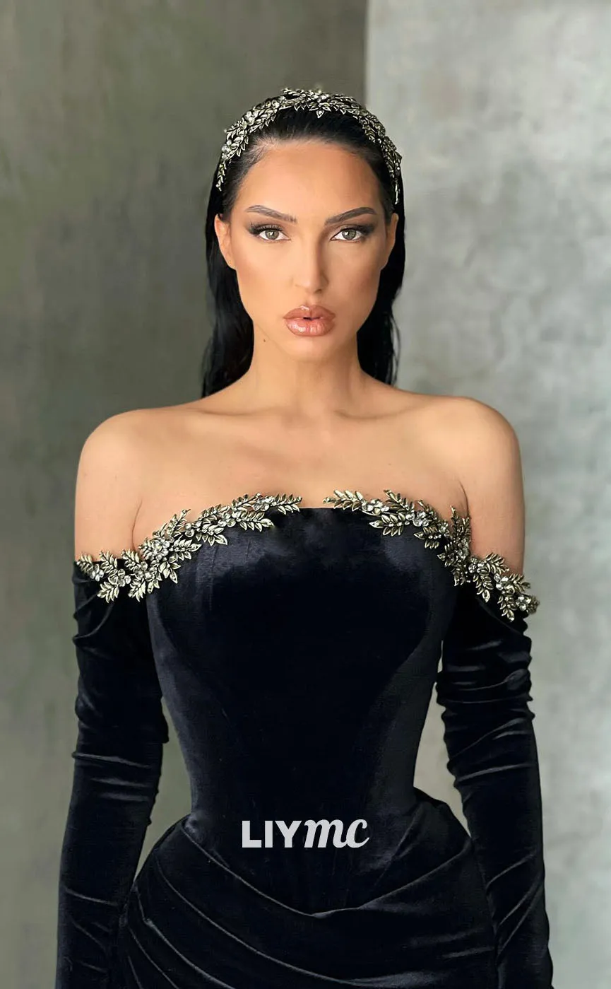 LP1114 - Off Shoulder Beads Black Velvet Ruched Long Sleeves Mermiad Formal Prom Dress