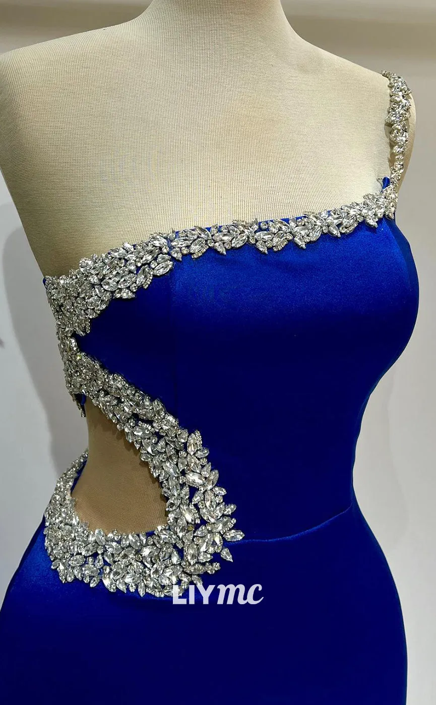 LP1393 - Elegant Asymmetrical Rhinestone Beaded Cut Outs Sleek Satin Prom Dress