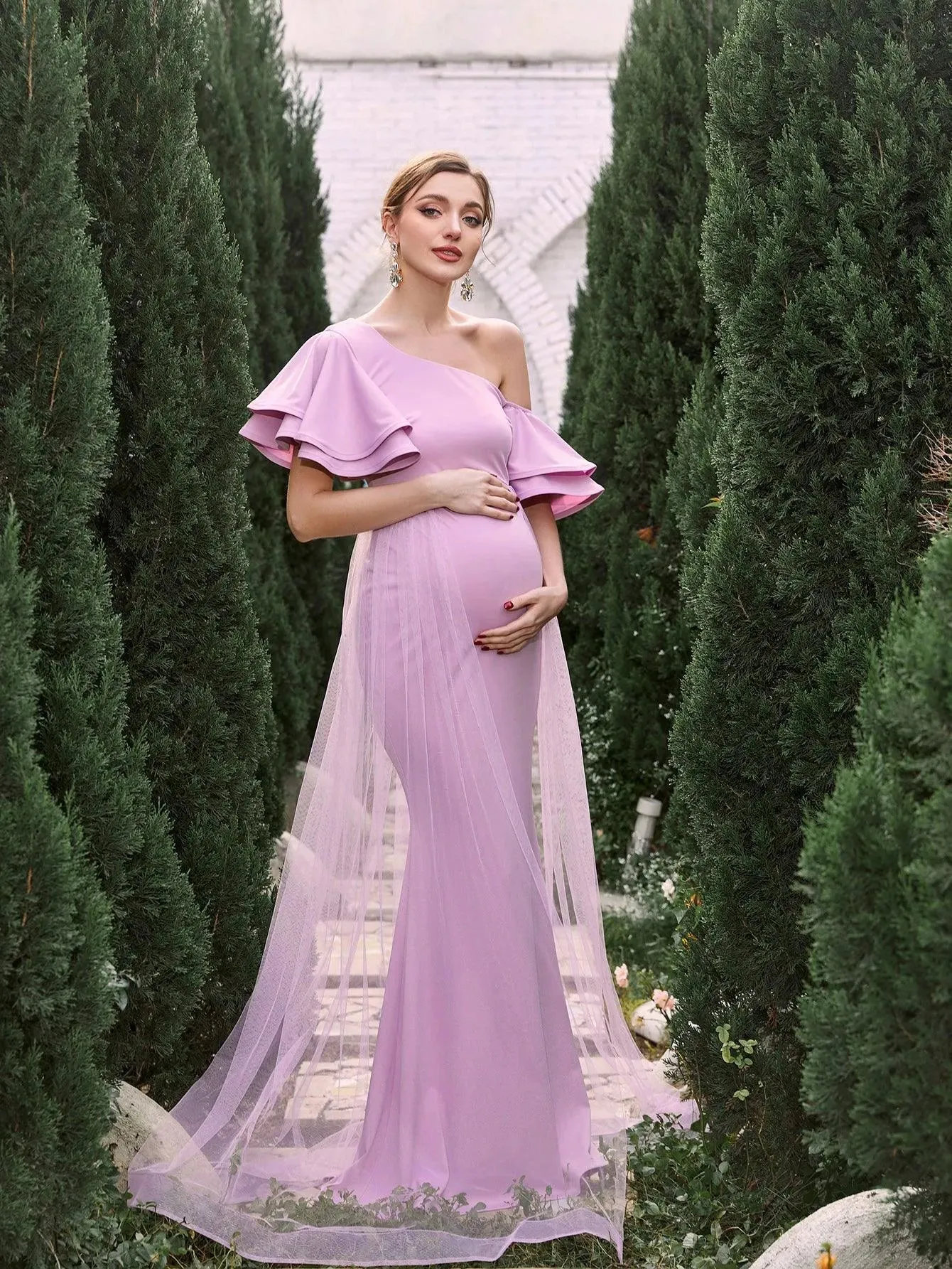 Maternity Asymmetrical Collar Ruffle Sleeves Mermaid Dress