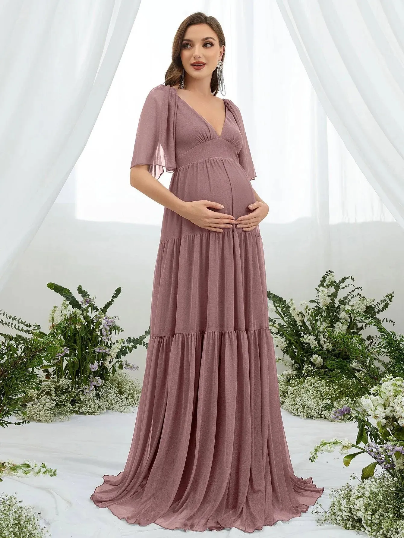 Maternity Plunging Neck Butterfly Sleeve Ruffle Hem Dress