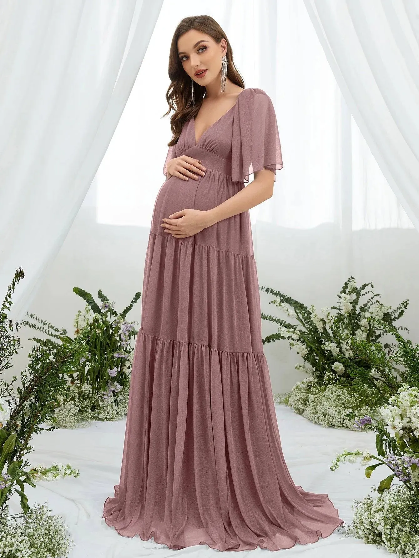 Maternity Plunging Neck Butterfly Sleeve Ruffle Hem Dress