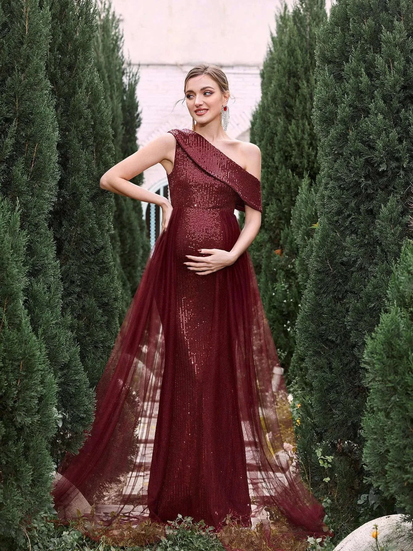 Maternity Sloping Collar Mesh Overlay Sequin Formal Dress