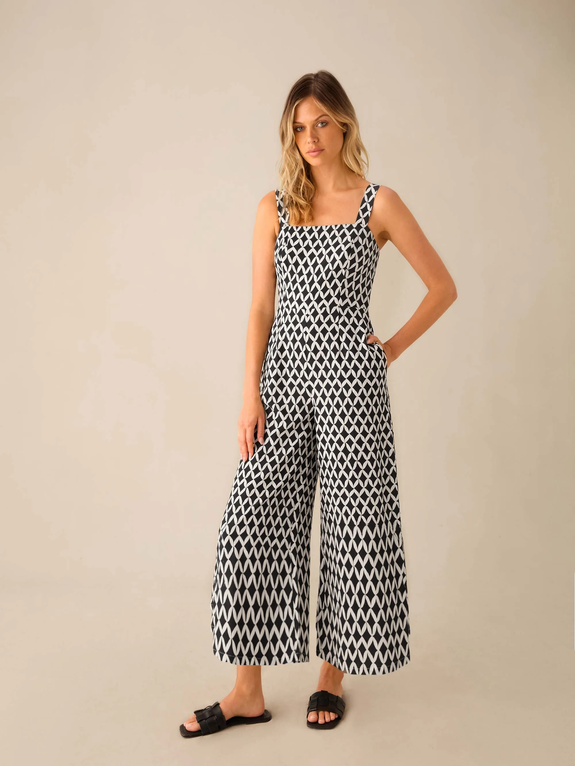 Mono Geo Print Strappy Jumpsuit