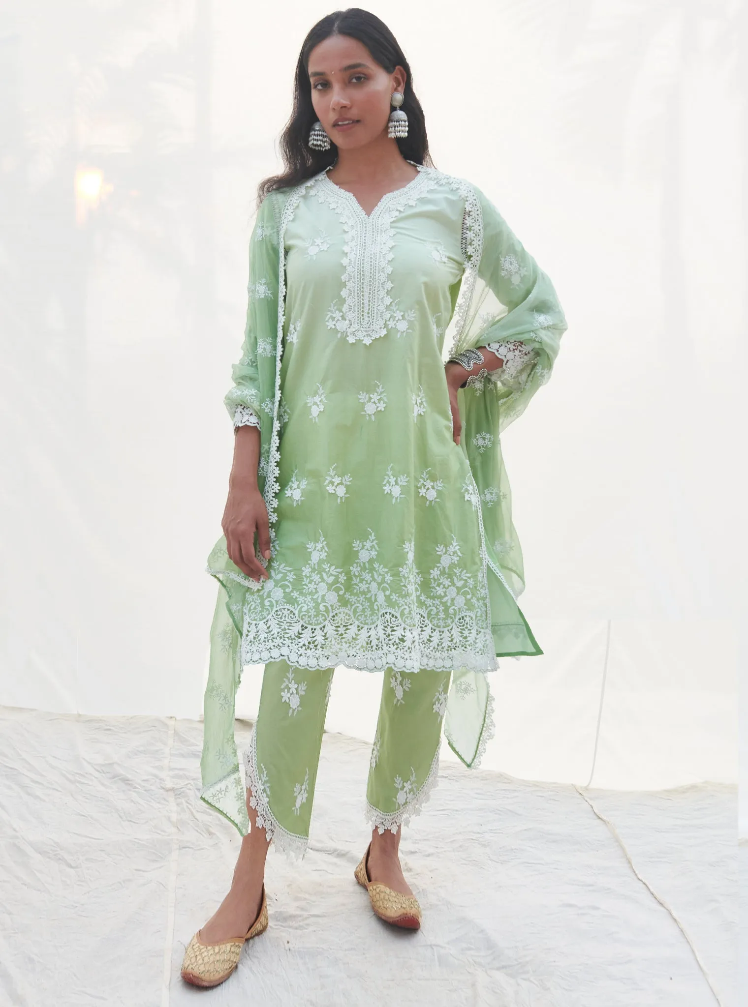 Mulmul Cotton Chapoli Green Kurta With Chapoli Green Pant