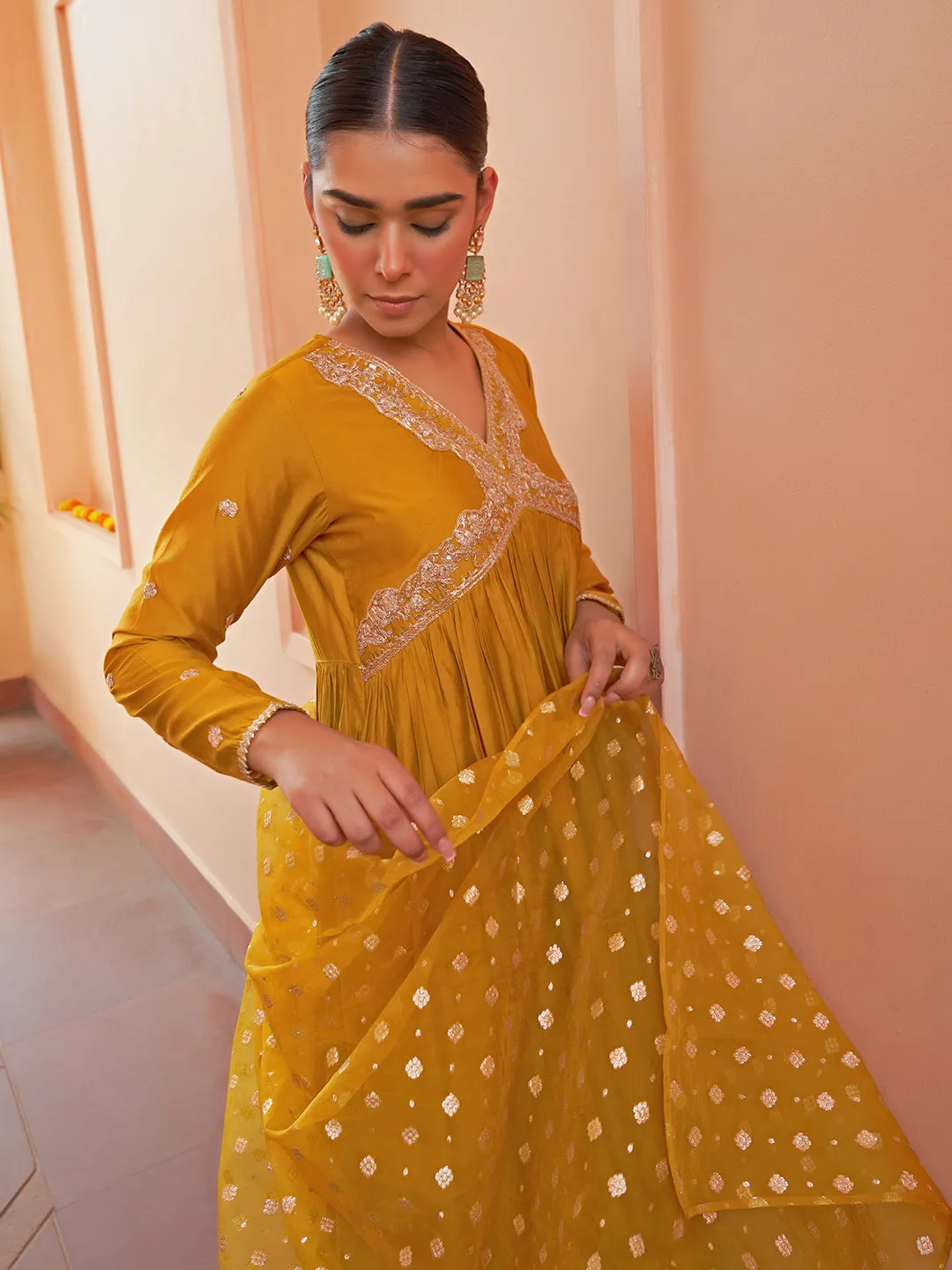 Mustard Chanderi Embellished Kurta with Palazzo and Dupatta