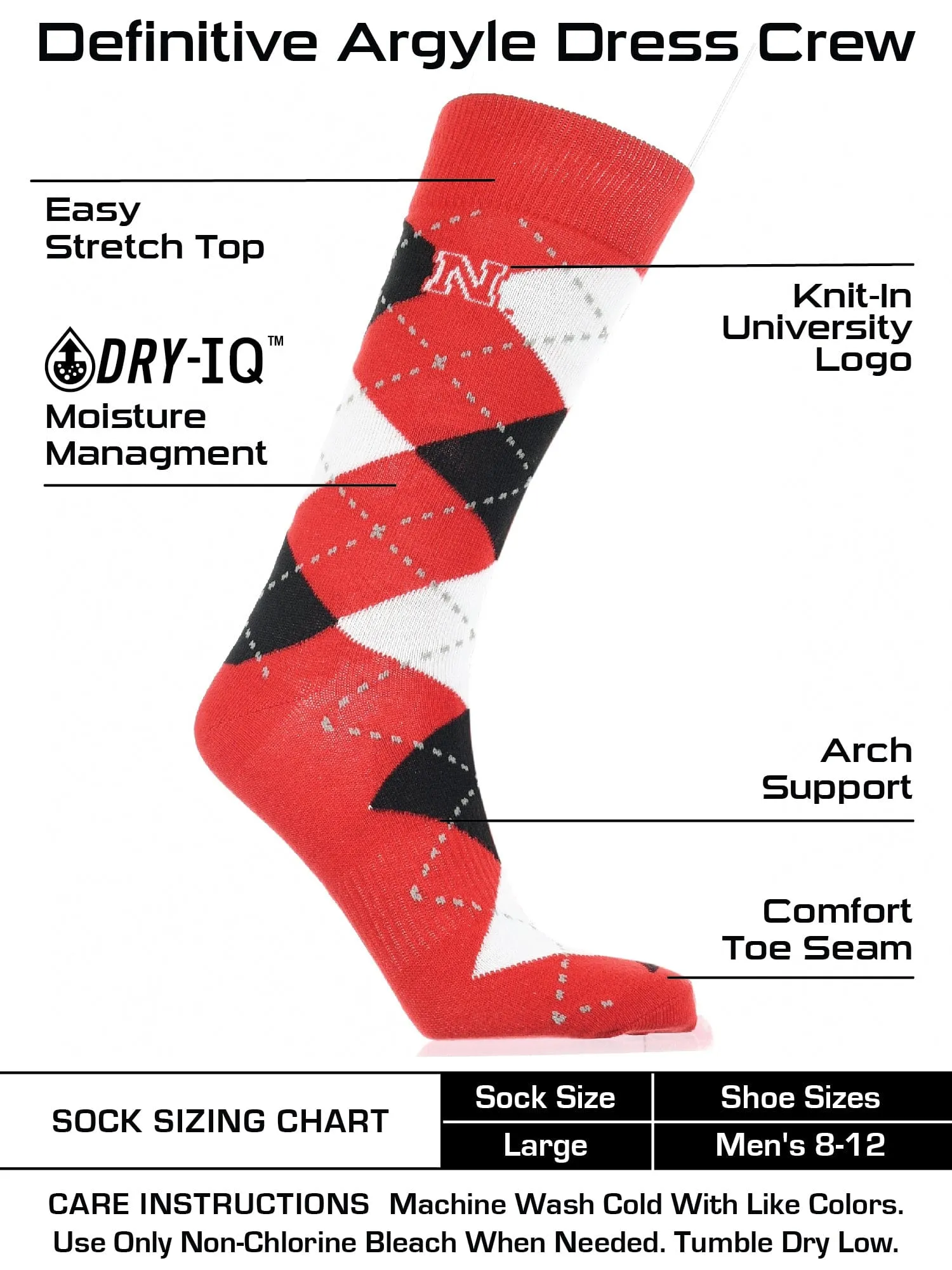 Nebraska Cornhuskers Argyle Dress Socks NCAA Fanwear Crew Length