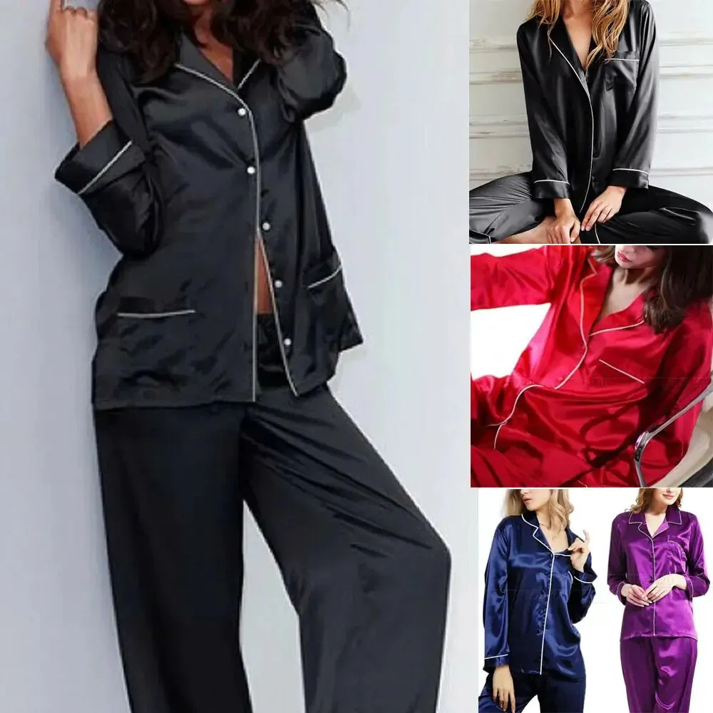 New Elegant Fashion Casual Women Lady Satin Pajamas Set