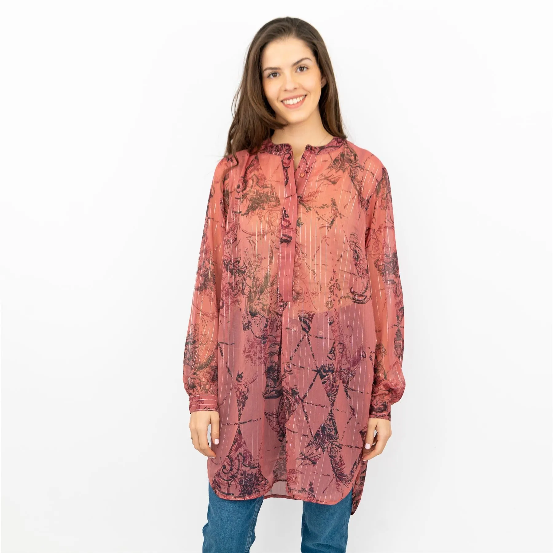 Next Red Floral with Silver Thread Long Sleeve Button-Up Lightweight Tunic Longline Tops