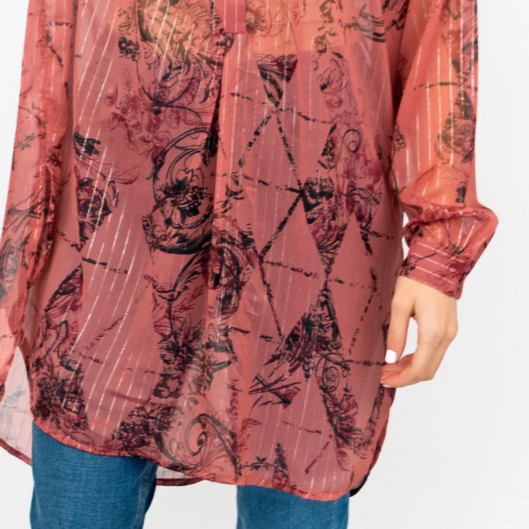 Next Red Floral with Silver Thread Long Sleeve Button-Up Lightweight Tunic Longline Tops