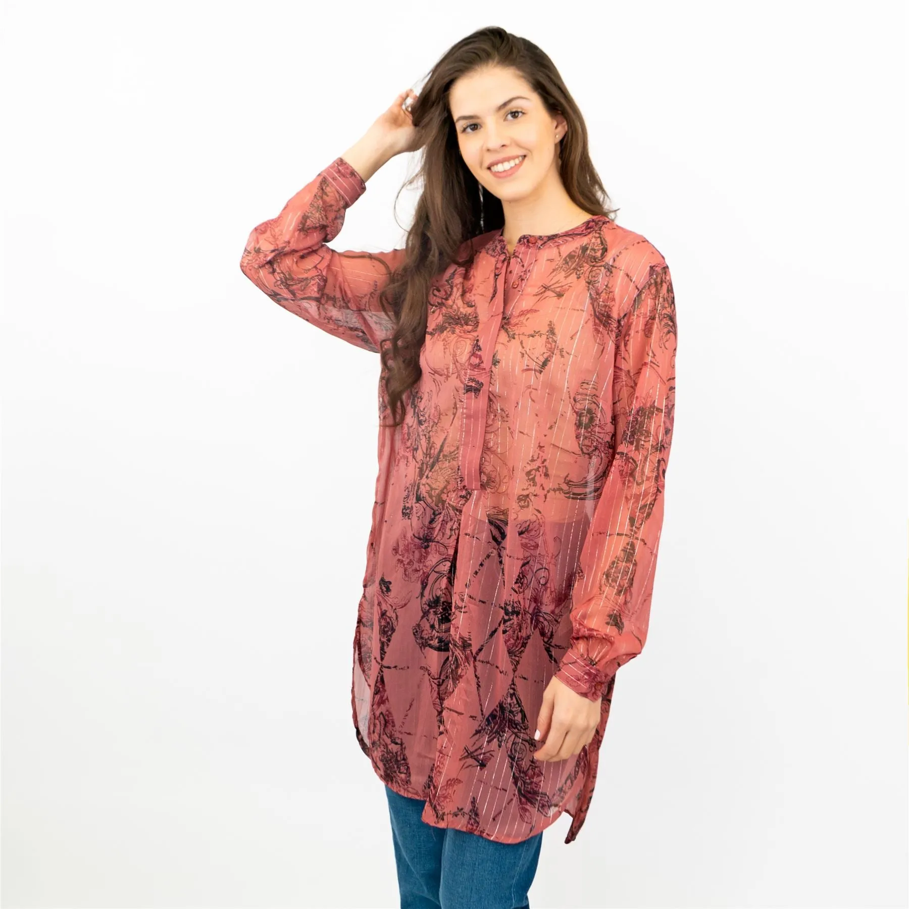 Next Red Floral with Silver Thread Long Sleeve Button-Up Lightweight Tunic Longline Tops