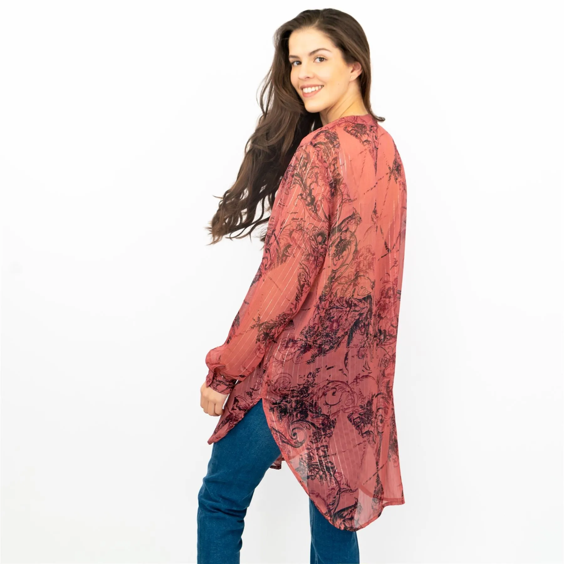 Next Red Floral with Silver Thread Long Sleeve Button-Up Lightweight Tunic Longline Tops