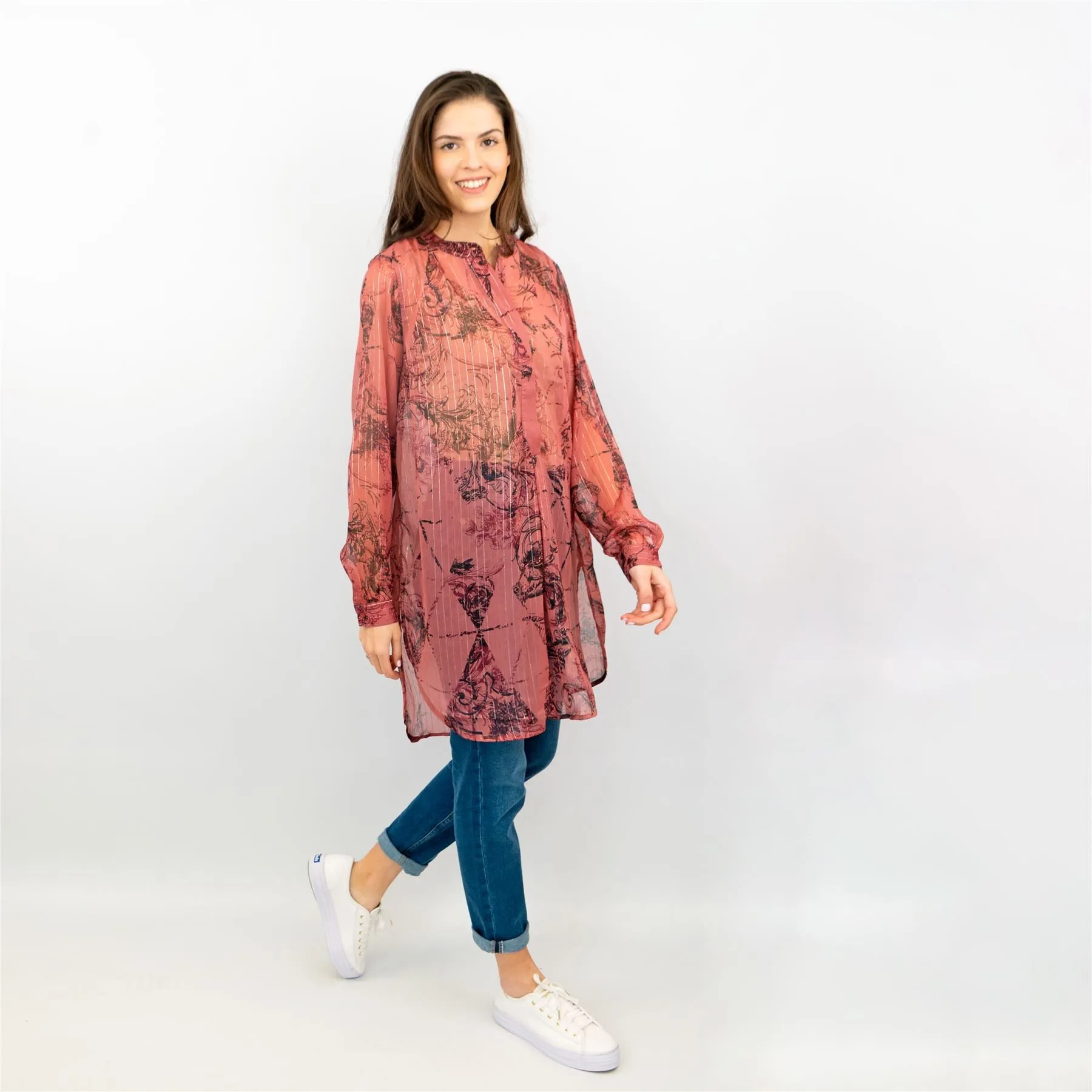 Next Red Floral with Silver Thread Long Sleeve Button-Up Lightweight Tunic Longline Tops