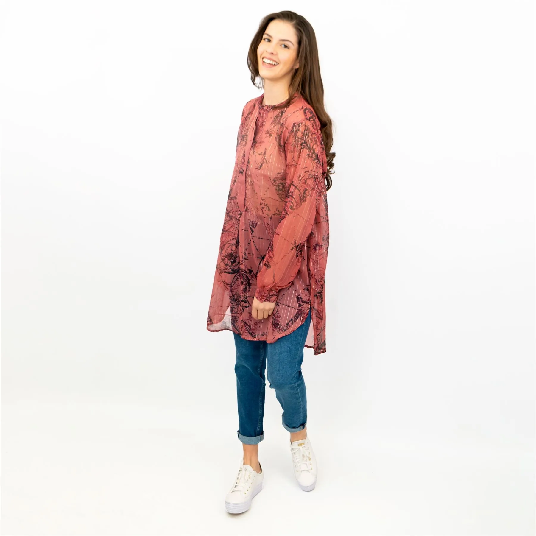 Next Red Floral with Silver Thread Long Sleeve Button-Up Lightweight Tunic Longline Tops