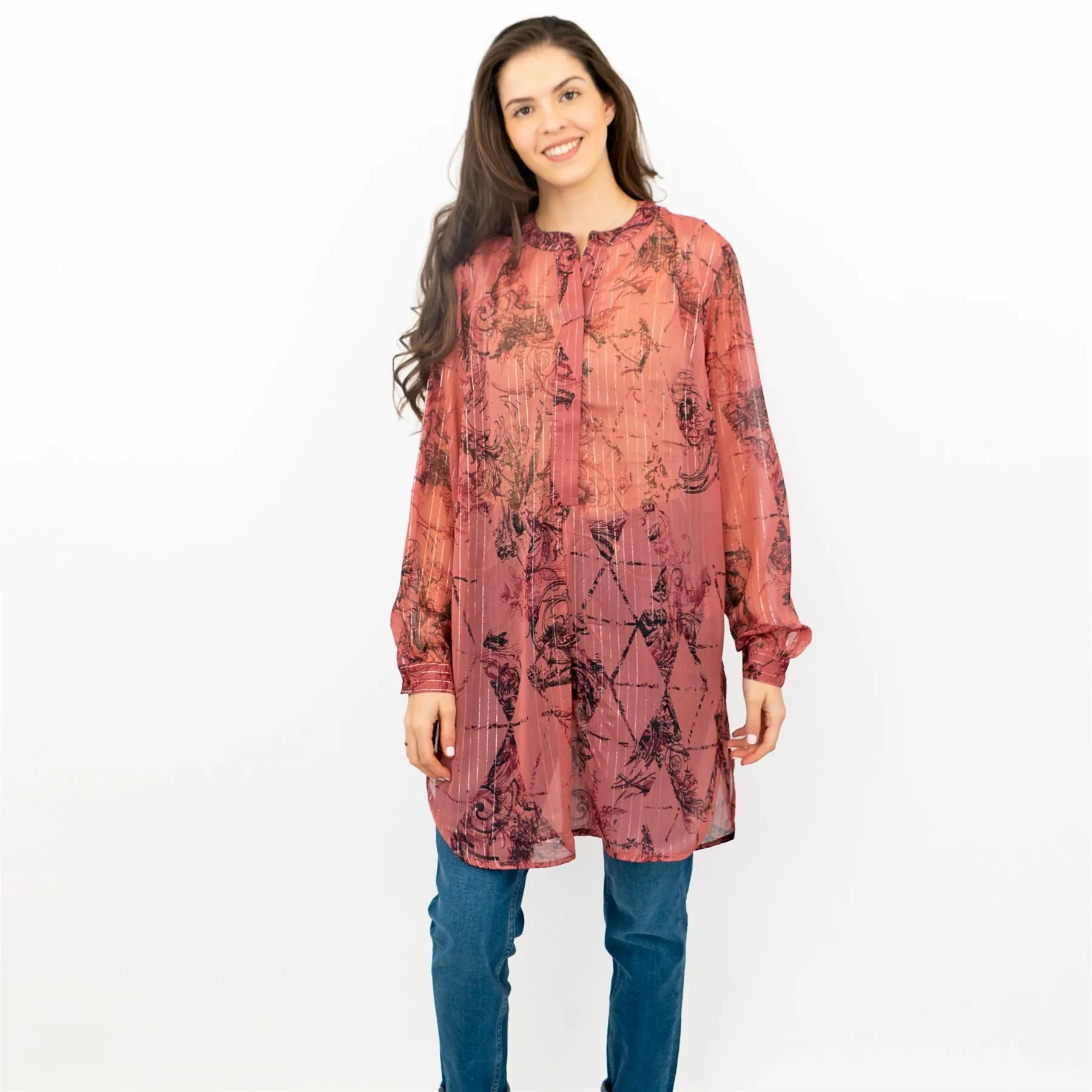 Next Red Floral with Silver Thread Long Sleeve Button-Up Lightweight Tunic Longline Tops