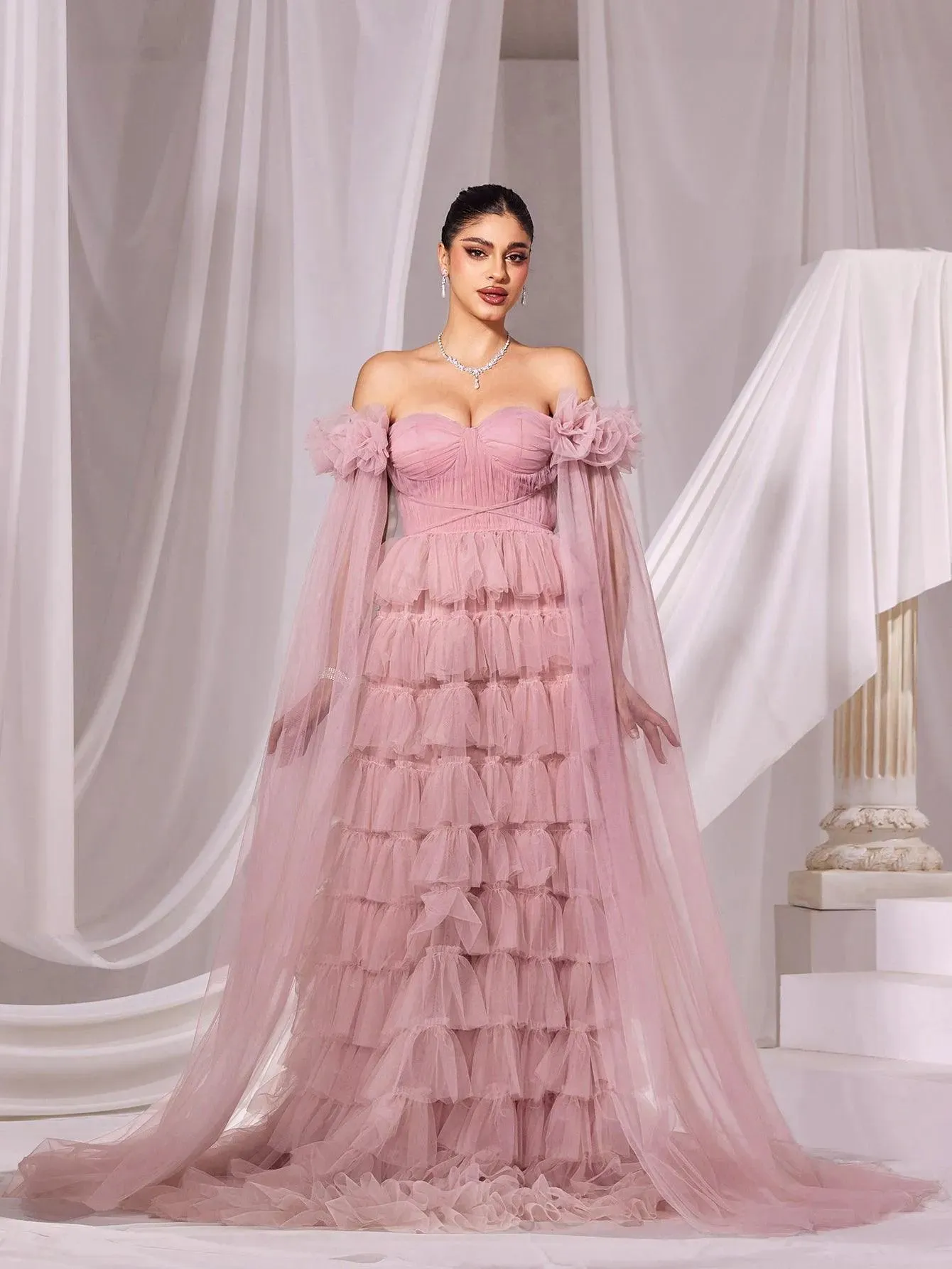 Off Shoulder Cloak Sleeves Mesh Cake Dress