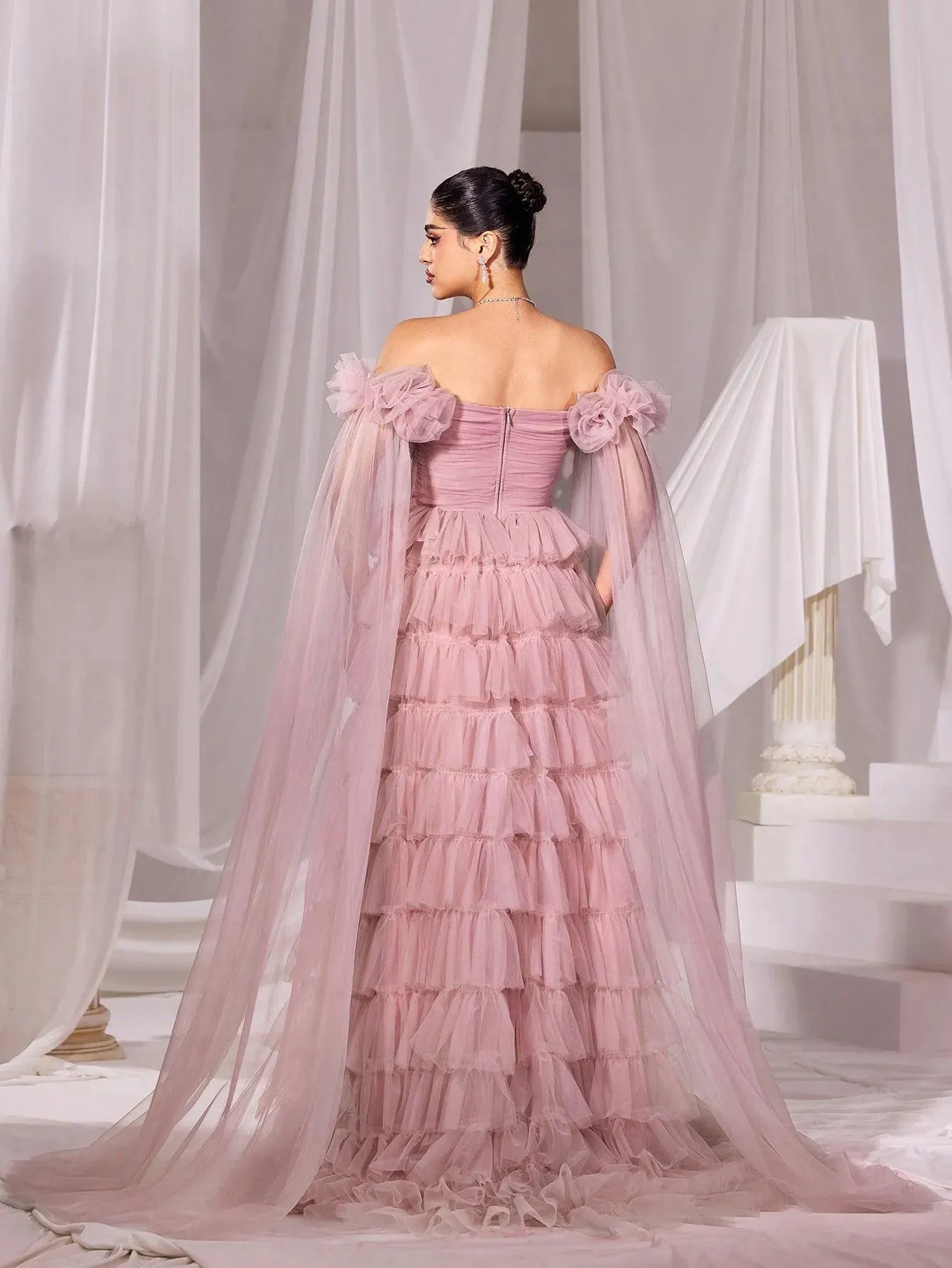 Off Shoulder Cloak Sleeves Mesh Cake Dress