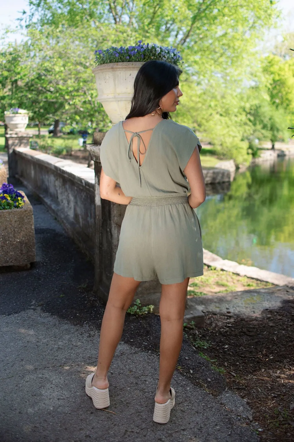 Olive V Neck Smocked Linen Romper - FINAL SALE