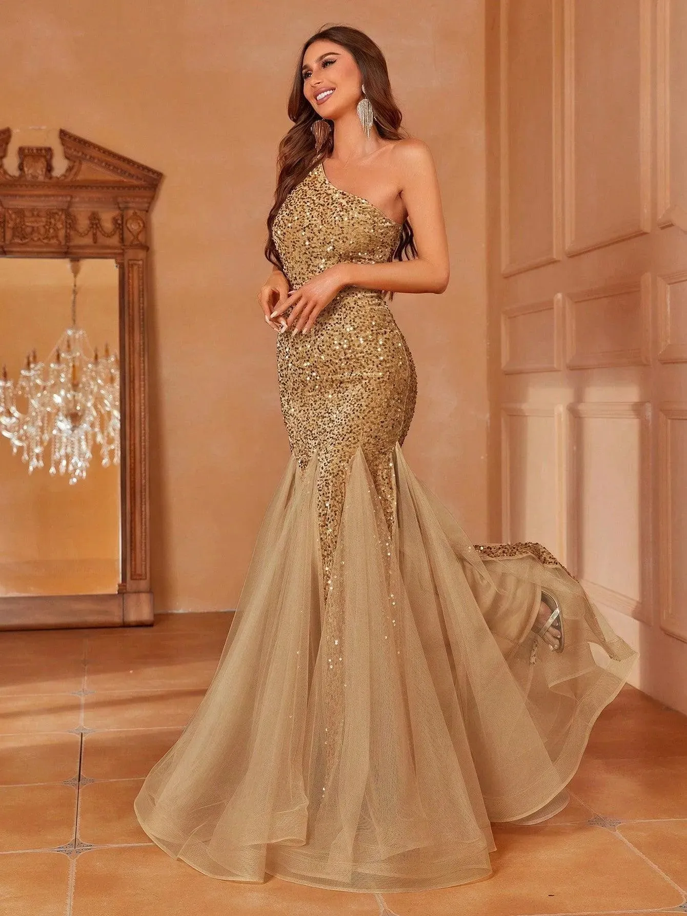 One Shoulder Sequin Mermaid Dress