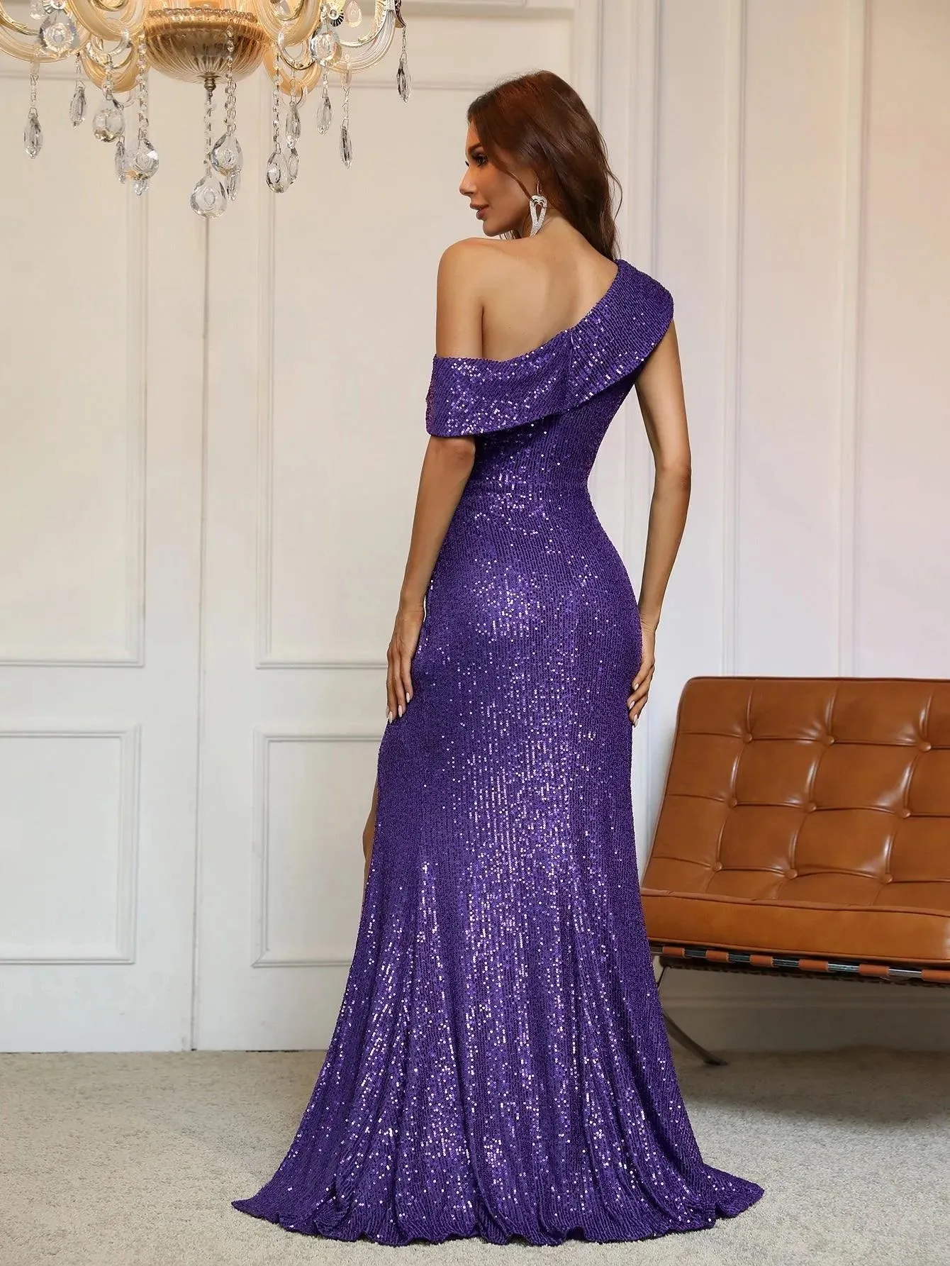 One-Shoulder Sequined Gown with Thigh-High Slit