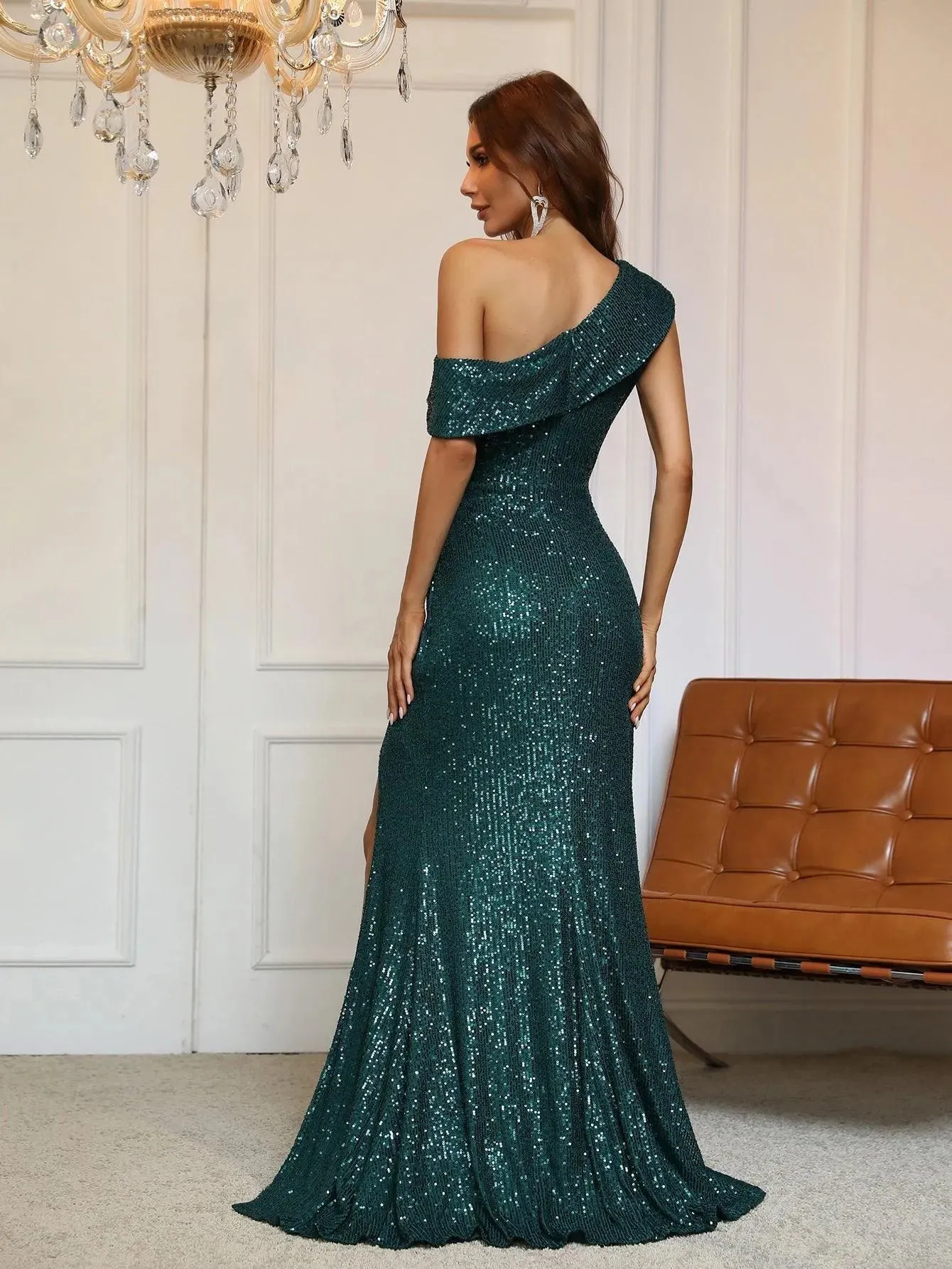 One-Shoulder Sequined Gown with Thigh-High Slit