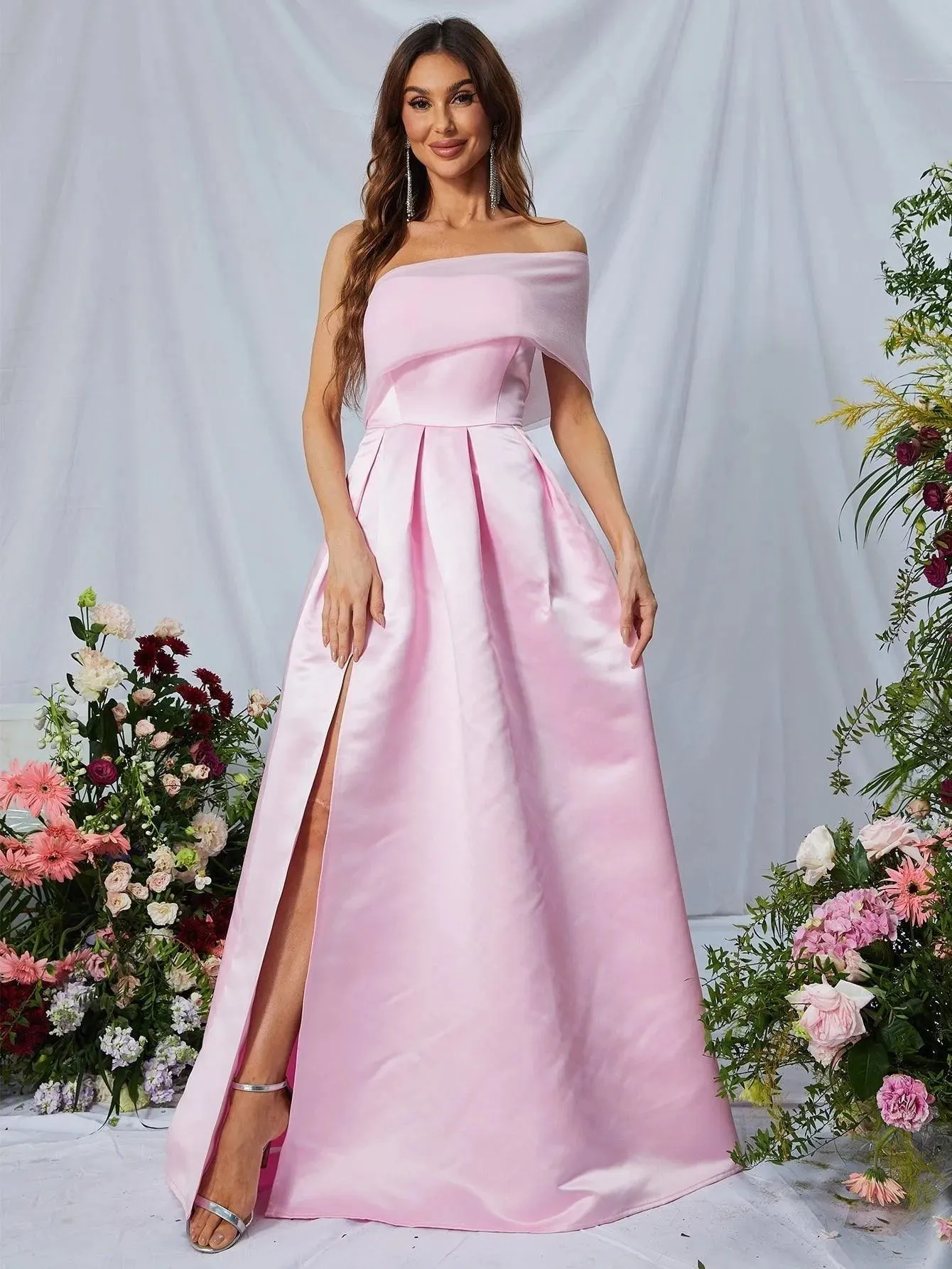 One Shoulder Slit Satin A Line Prom Dress