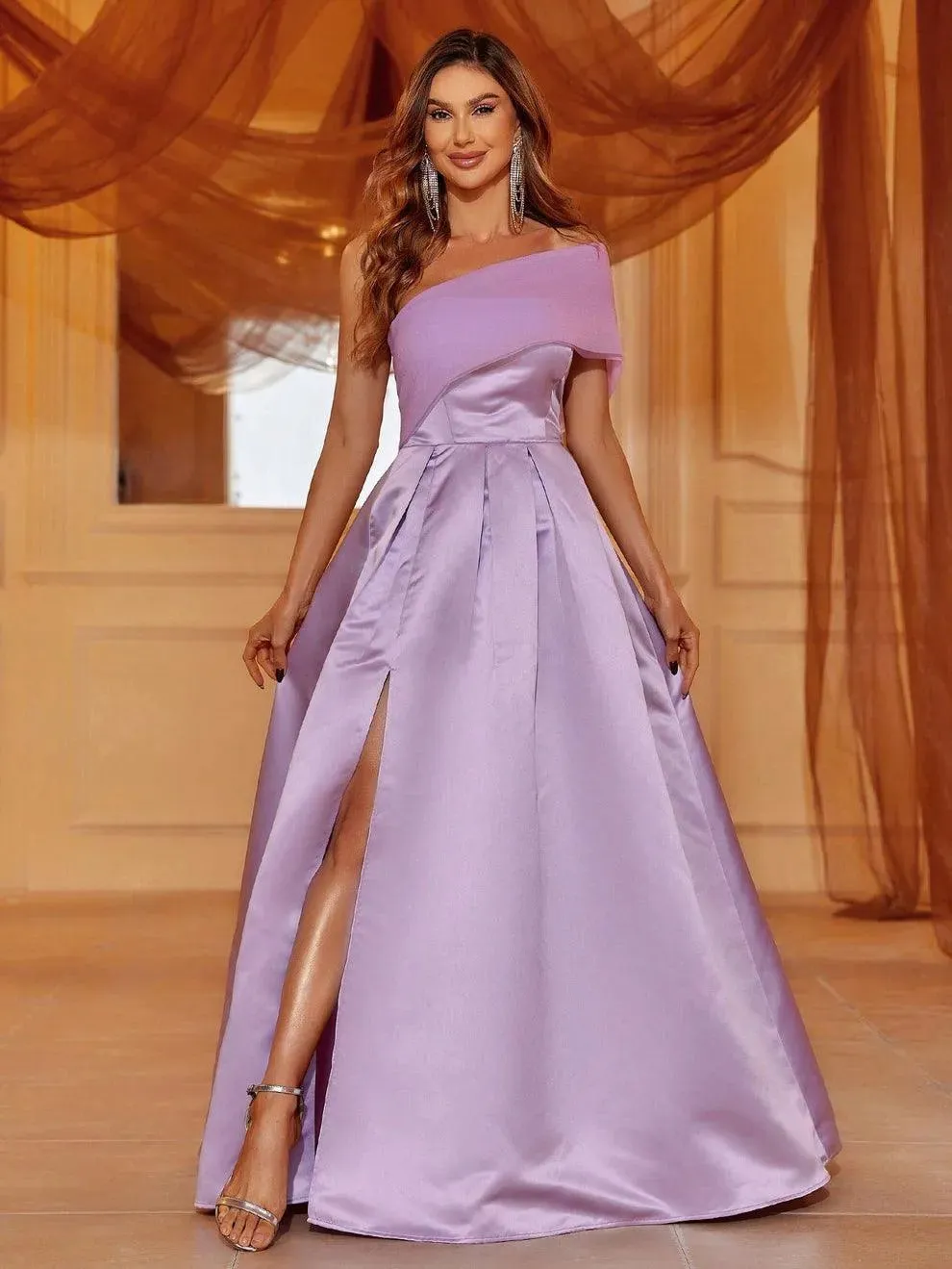 One Shoulder Slit Satin A Line Prom Dress