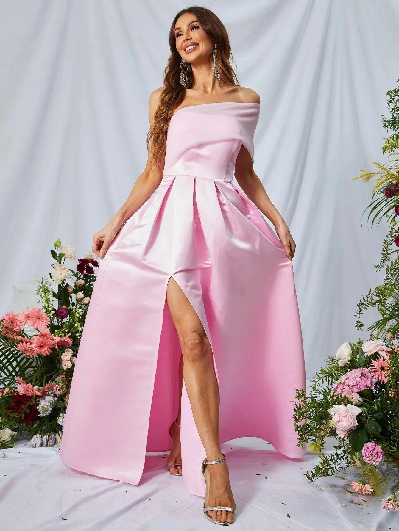 One Shoulder Slit Satin A Line Prom Dress