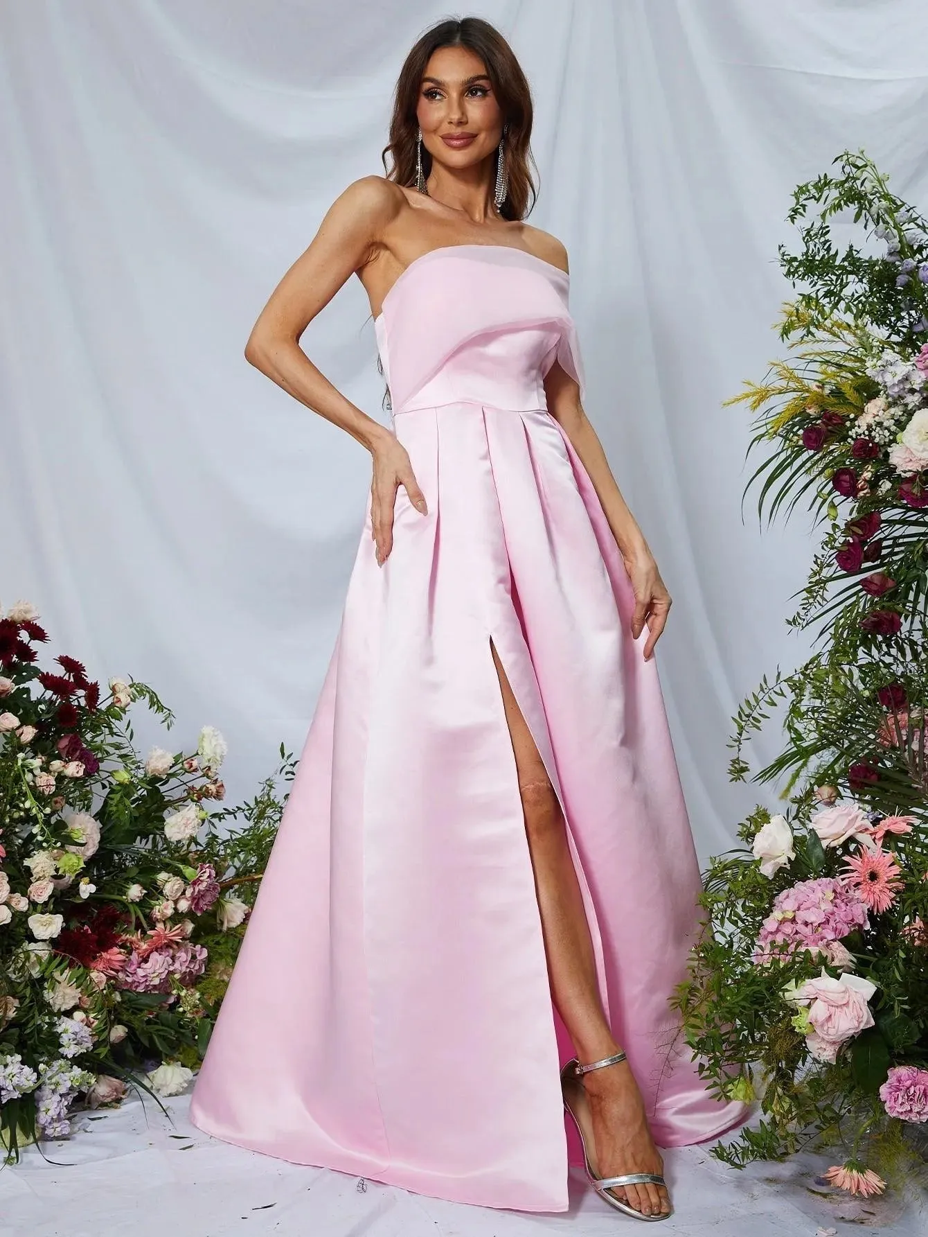 One Shoulder Slit Satin A Line Prom Dress