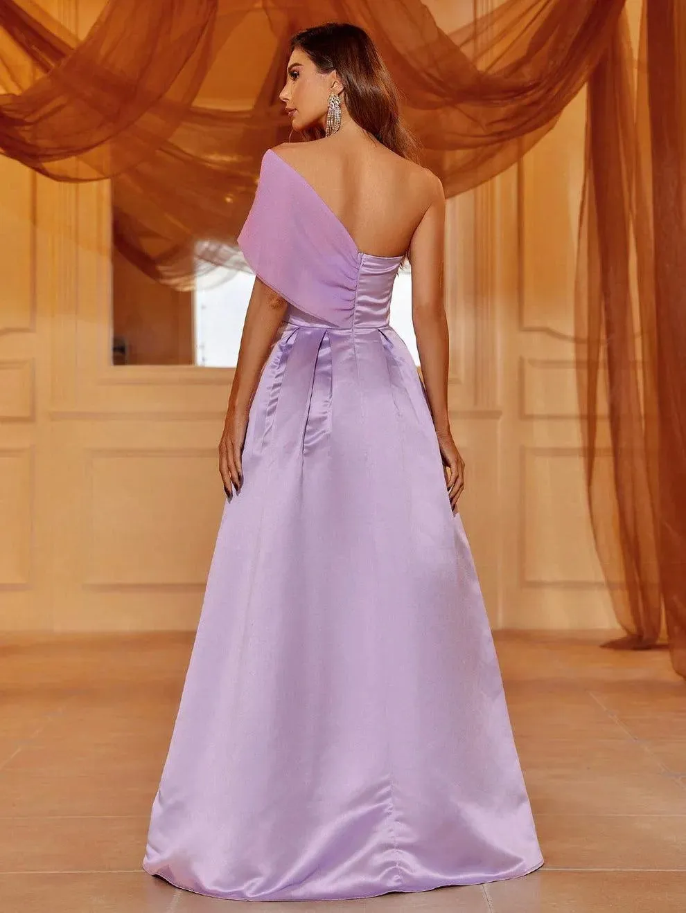 One Shoulder Slit Satin A Line Prom Dress