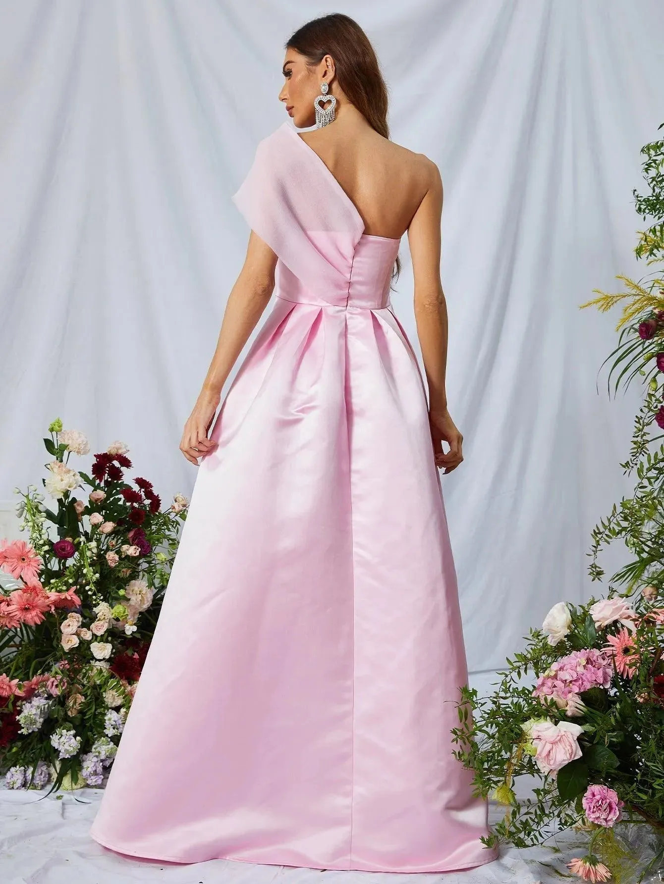 One Shoulder Slit Satin A Line Prom Dress