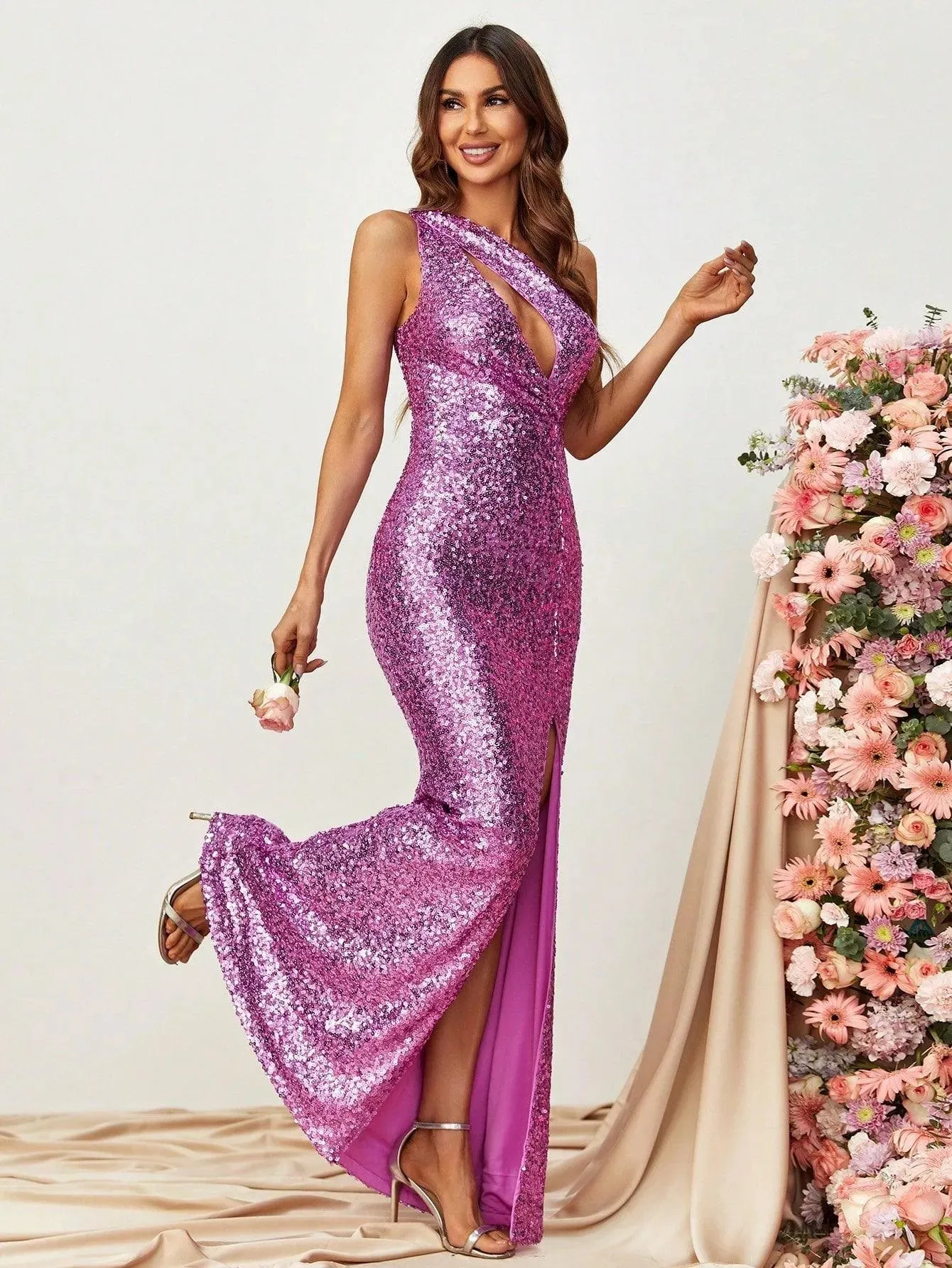 One Shoulder Split Thigh Sparkly Party Dress