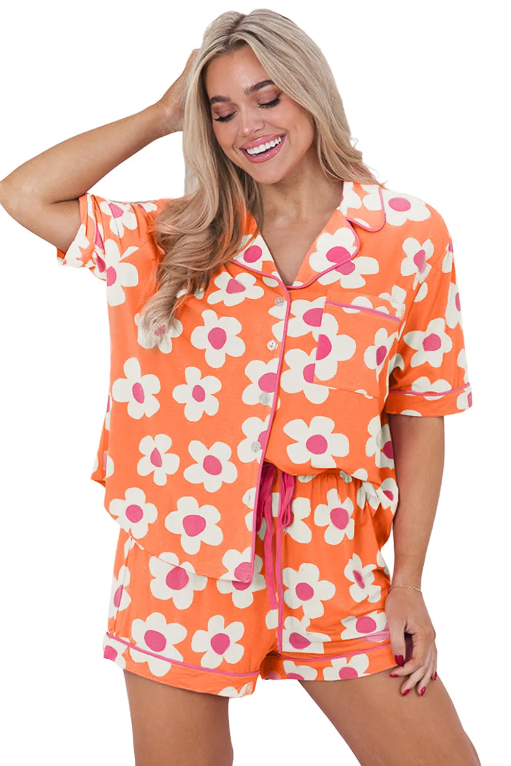 Orange Flower Print Short Sleeve Shirt Pajamas Set