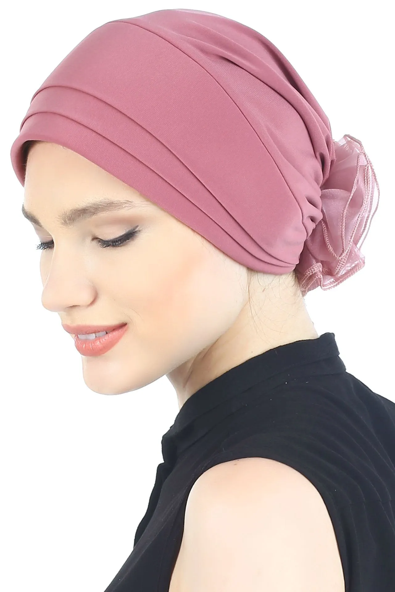 Padded and Folded Front Hat with Chiffon Flower