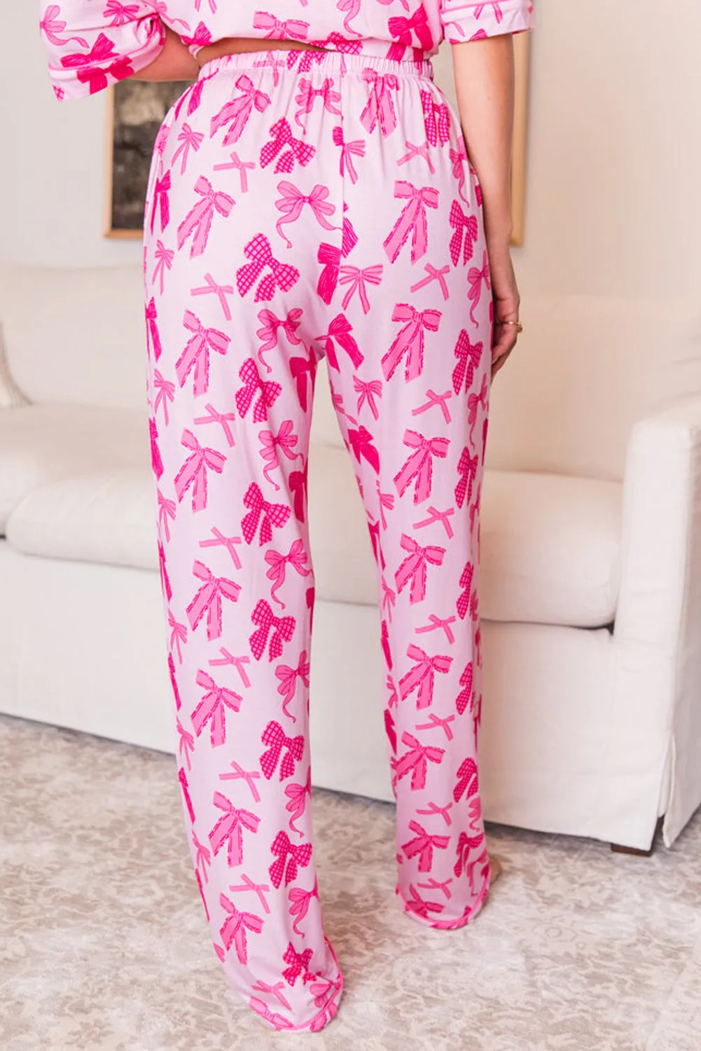 Pink Bow Knot Print Lapel Collar Short Sleeve and Pants Pajamas Set