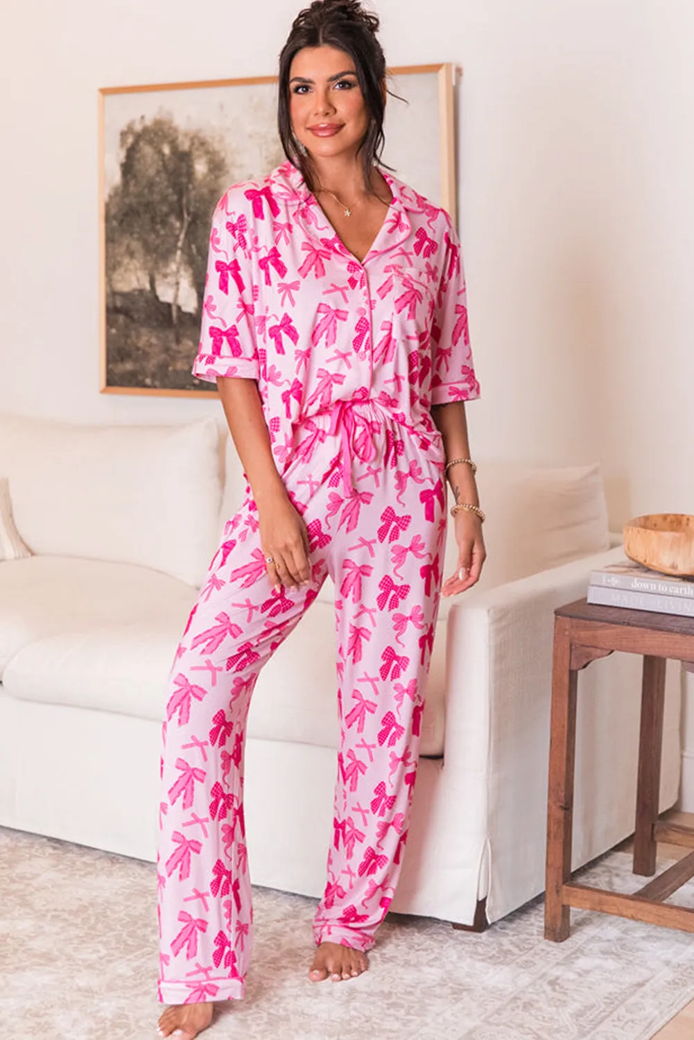 Pink Bow Knot Print Lapel Collar Short Sleeve and Pants Pajamas Set