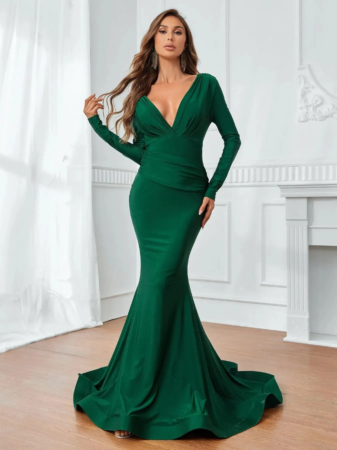 Plunging Neck Backless Mermaid Hem Formal Dress