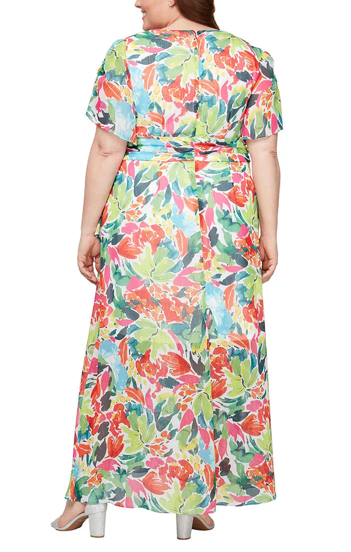 Plus - Long Printed Maxi with Surplice Neckline and Ruched Waist