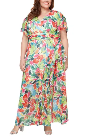 Plus - Long Printed Maxi with Surplice Neckline and Ruched Waist