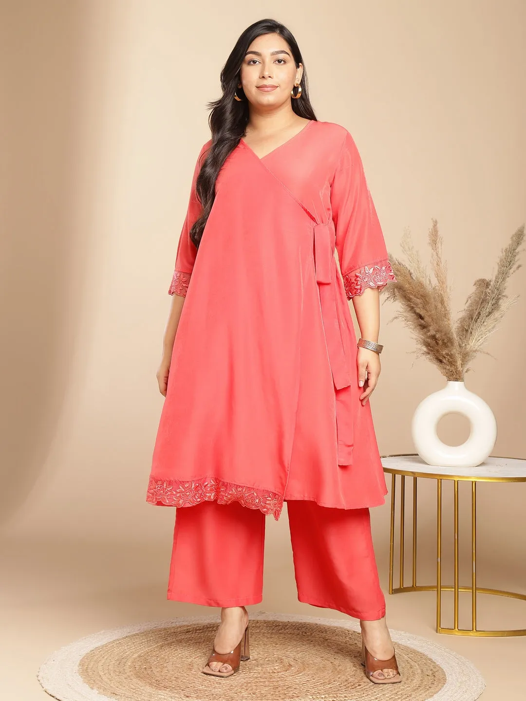 Plus Size Peach Muslin Solid Angrakha Kurta Set