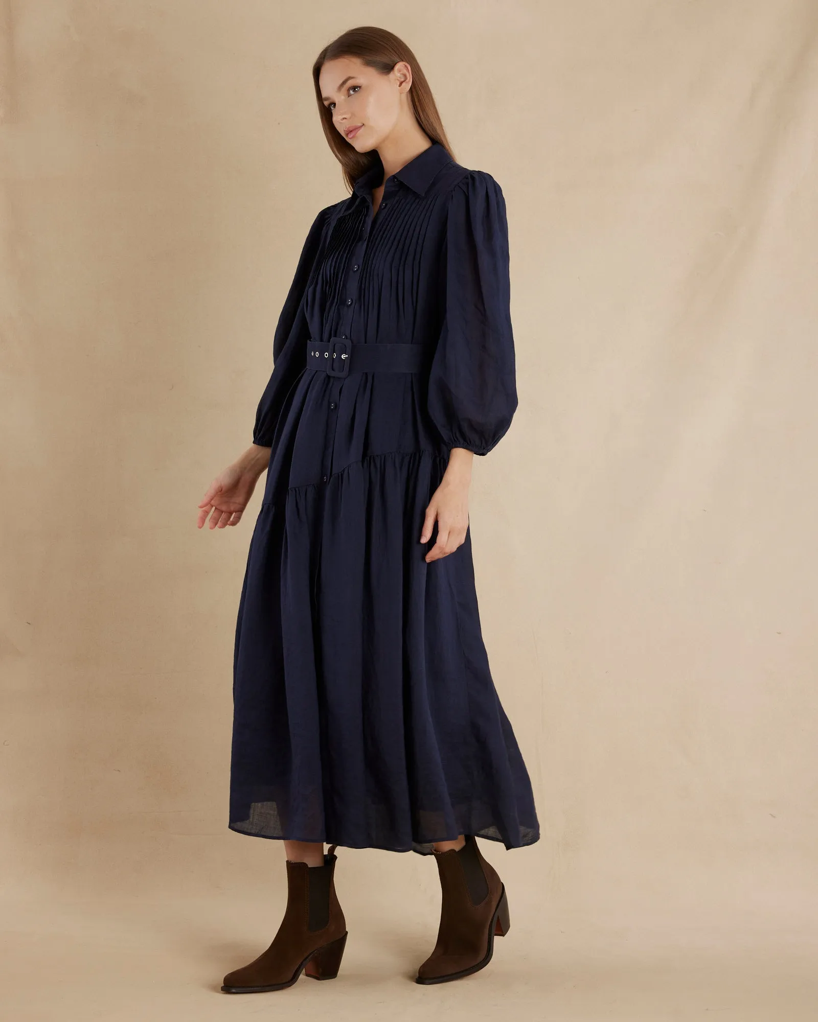 Poeta Ramie Pintuck Belted Dress - Navy