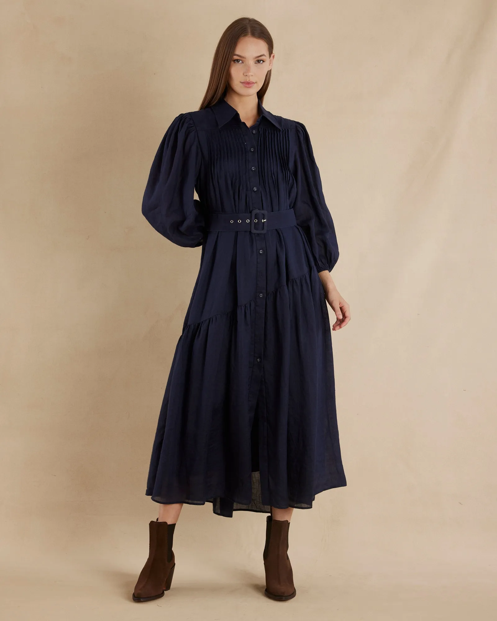 Poeta Ramie Pintuck Belted Dress - Navy