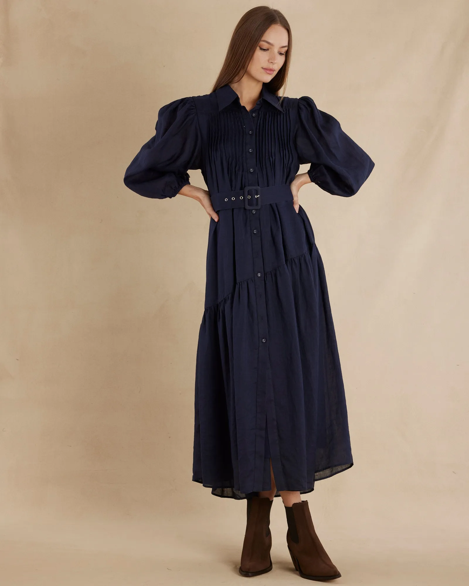 Poeta Ramie Pintuck Belted Dress - Navy