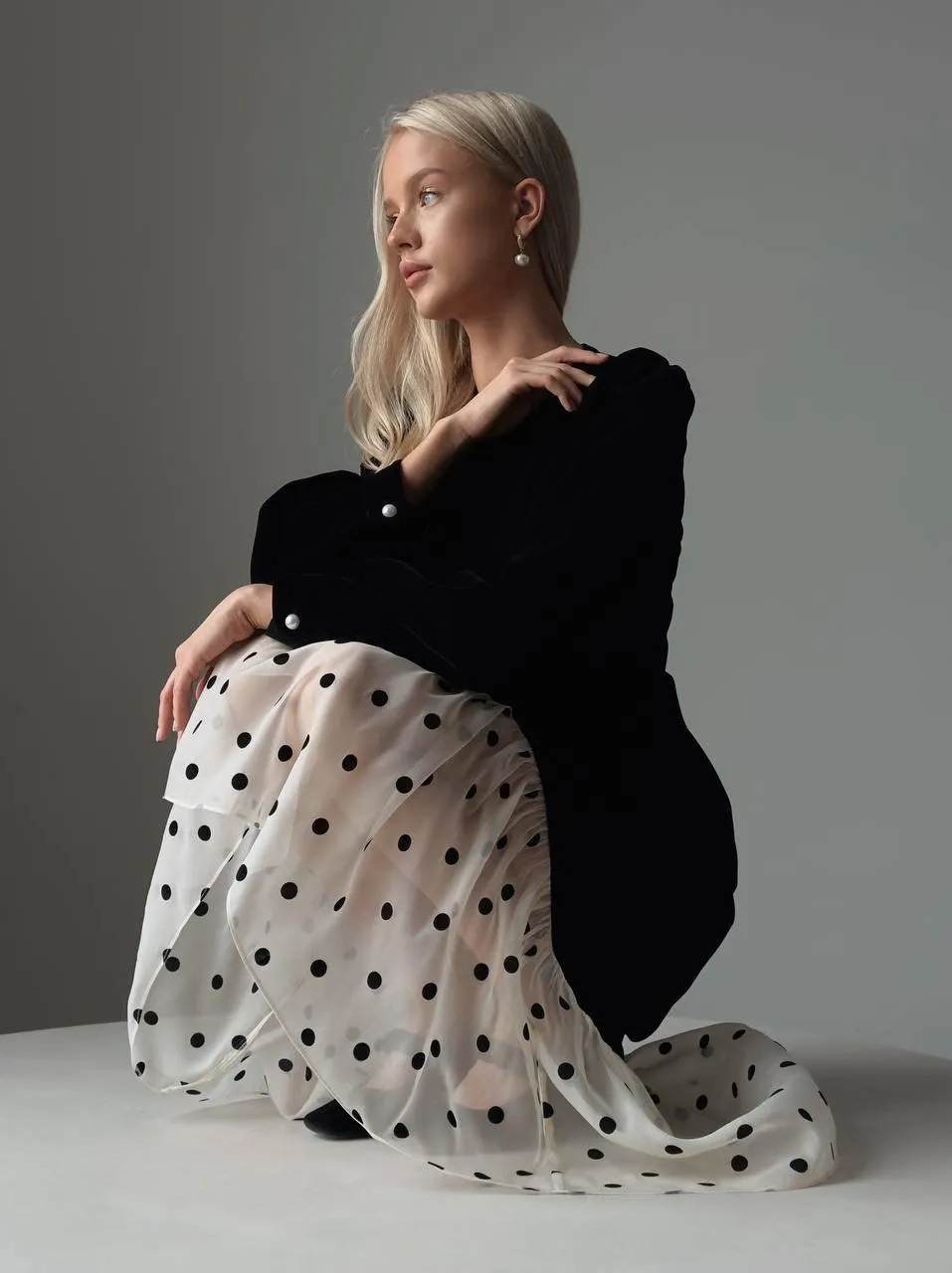 Polka Dot Chiffon Detail Black Midi Dress