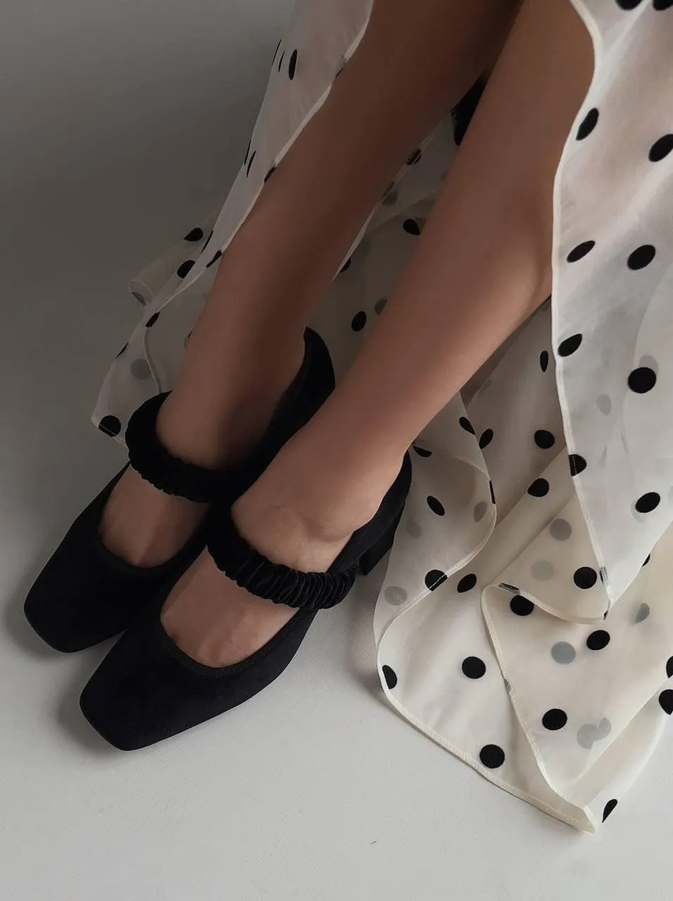 Polka Dot Chiffon Detail Black Midi Dress