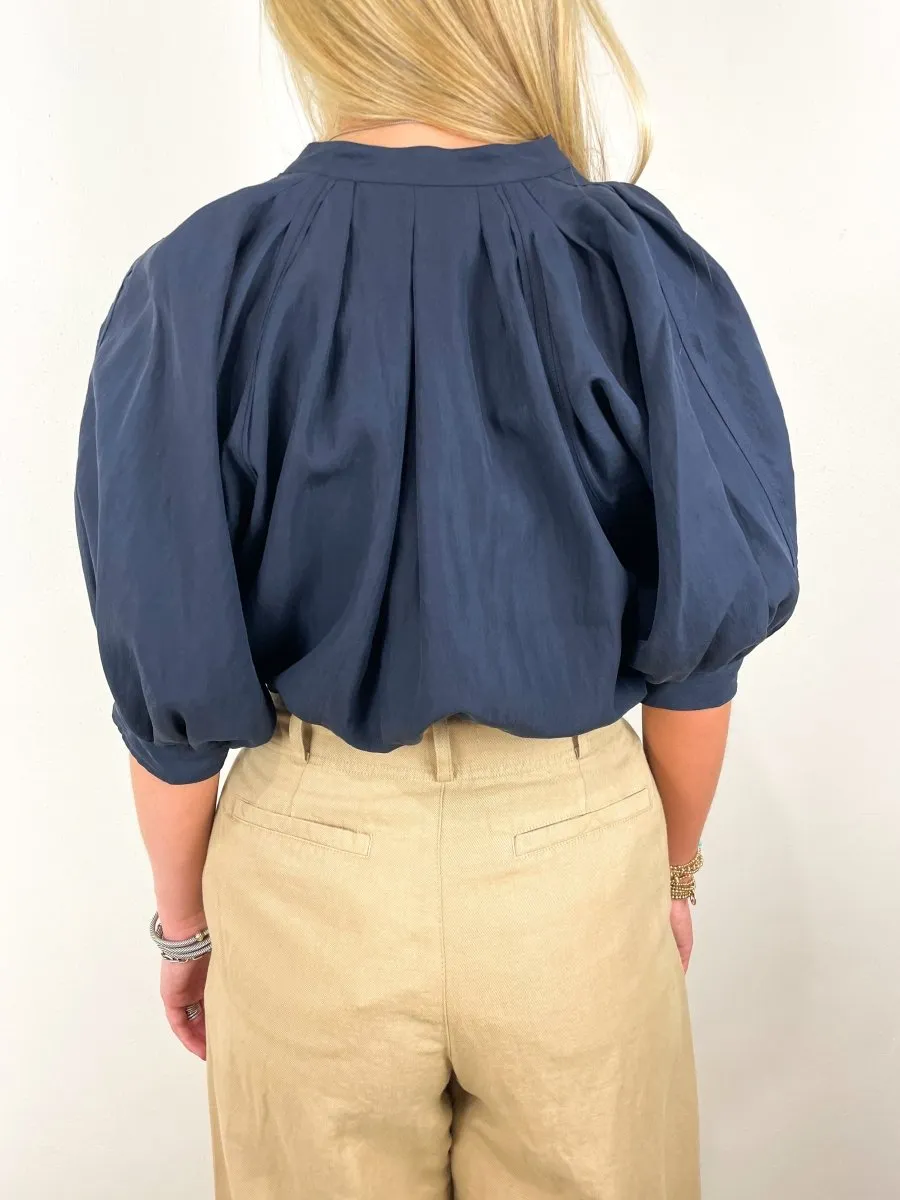 Relaxed Lantern Sleeve Button Up Blouse in Navy