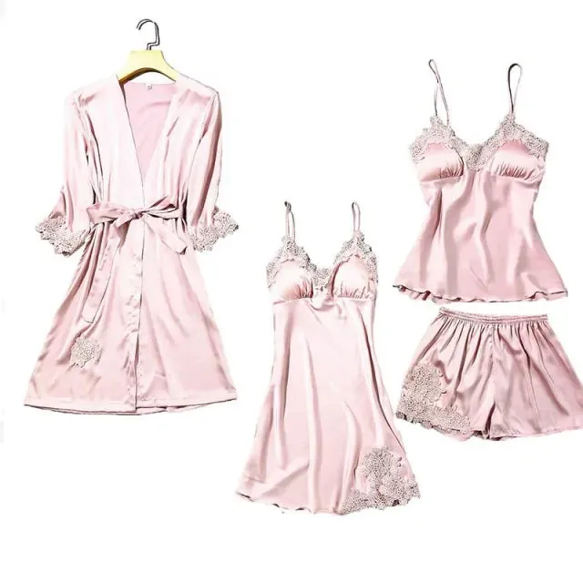 Satin Lace 5 Pieces Pajamas Set